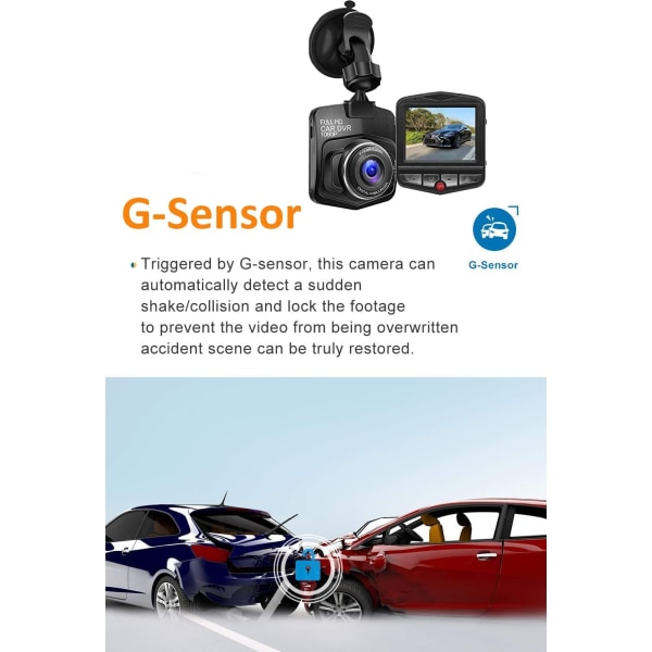 Uppgraderad Dashcam 1080P Bilkamera med Nattseende, Inbyggd G-Sensor