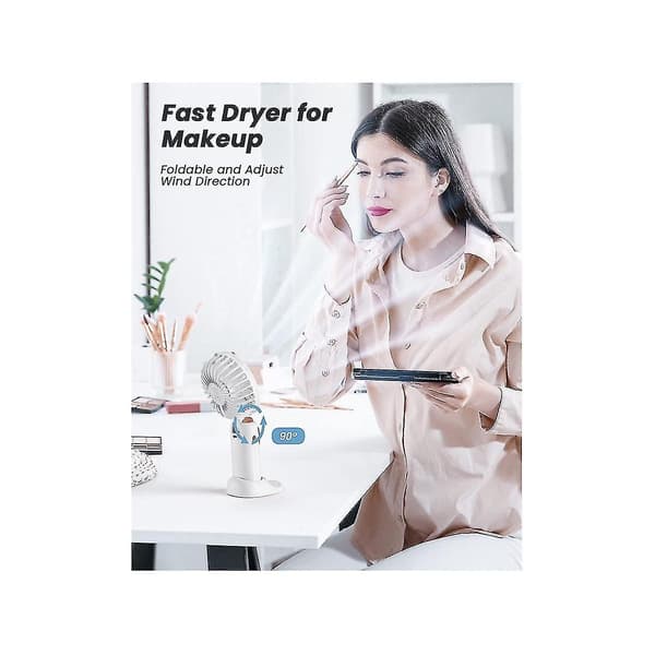 Bærbar Håndholdt Ventilator, 4000mah Halsventilator Med Led Display, Sammenklappelig Bordventilator Med Base, 5 Hastigheds Ventilator Til Kvinder Hvid