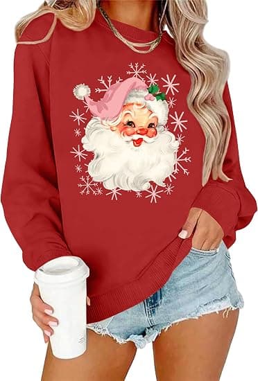 Jul-tröja för damer, Retro Jultomte Mönster Långärmad Tröja, Jul-Pullover, Storlek S