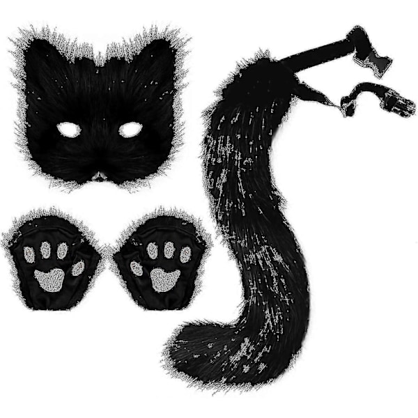 Tekokarvainen Ketun Hännän Kissan Susi Cosplay-asusetti Pehmoinen Maski Nukkainen Kynsihanskat Halloween Joulu Black