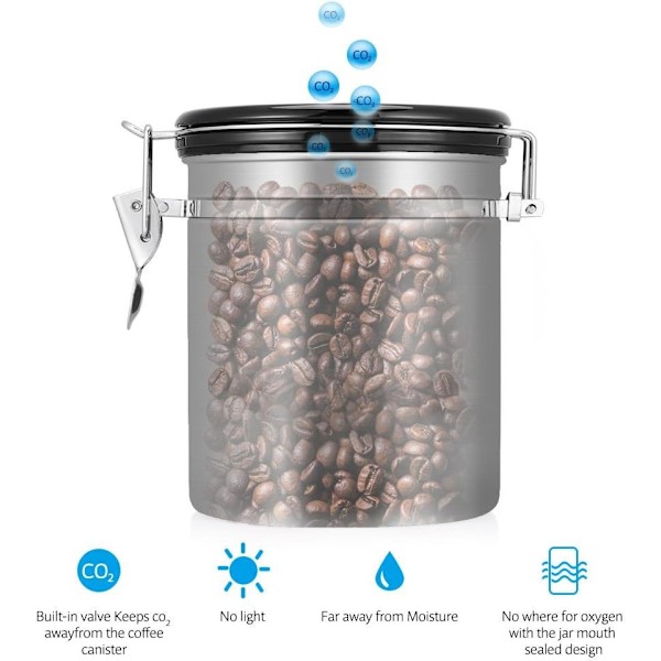Kaffe-/tebønnebeholder i rustfrit stål med udluftningsventil, samlet beskyttelse mod oxidation (sølv)