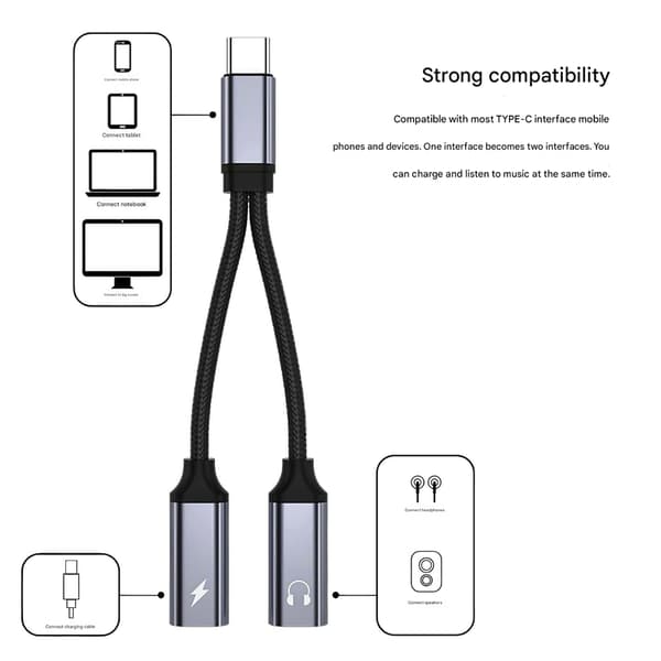 （Grå）60W PD Typ - C till Dubbel Typ - C Adapter med Digitalt Ljudstöd