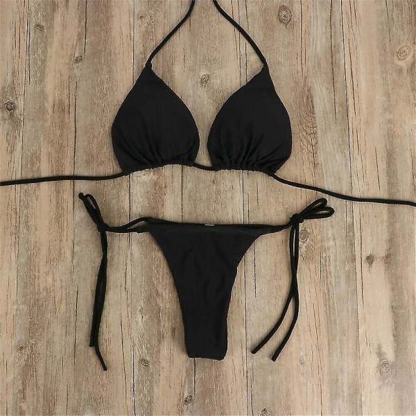 Kvinders Ultra Tynde Elastiske Thong Bikini Sæt Side Bånd Sexet Ensfarvet Badetøj Bandage Style Brasiliansk Badetøj Black L