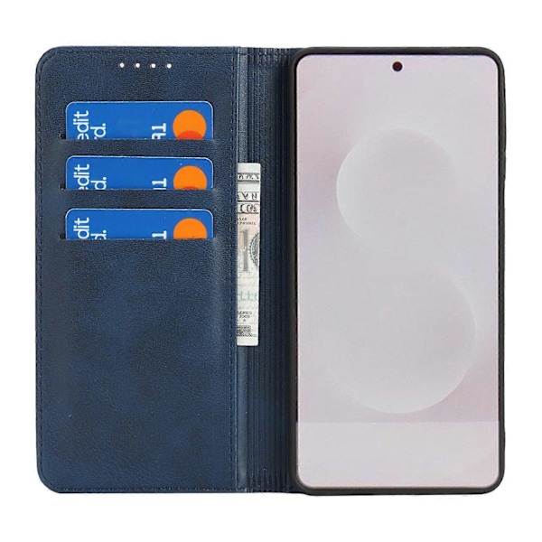Til Samsung Galaxy S25 Edge Etui PU Læder Kalvepræget Magnetisk Lukning Smartphone Cover - Mørk Light Brown