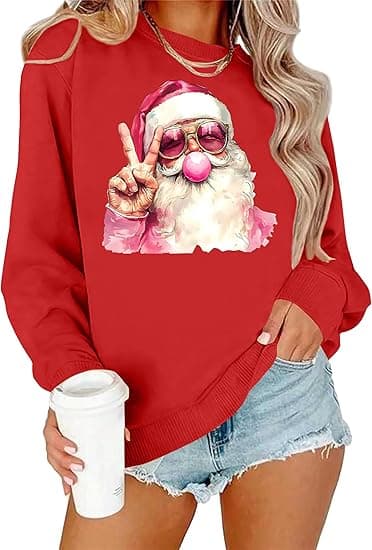 Retro Julemand Mønster Langærmet Skjorte, Jule Pullover, Jule Sweatshirt til Kvinder, Størrelse S