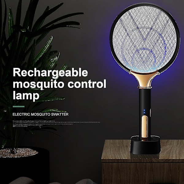 Elektrisk fluesmekker, elektrisk zapper, myggfellelampe & racket, myggdreper fluesmekker med lilla lyslokker for hjemmet innendørs utendørs - q34 Black