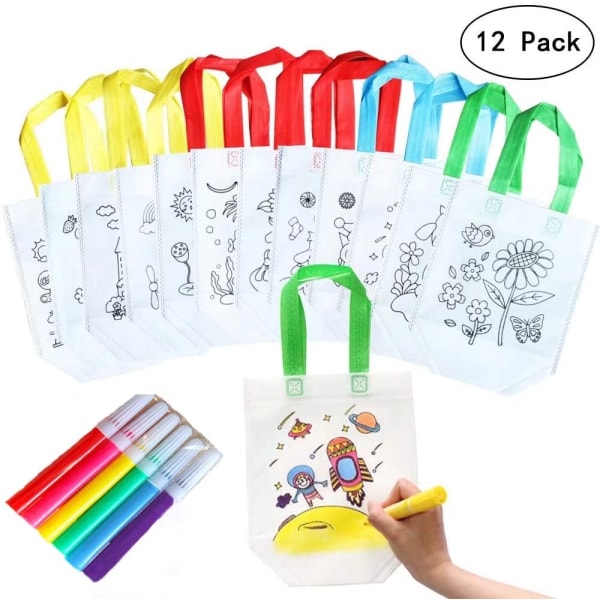 Värityspussi, 12 kpl värityspussi 6 kpl kynällä lapsille Kangas Lasten syntymäpäivälahjapussi Uudelleenkäytettävät käsilaukut