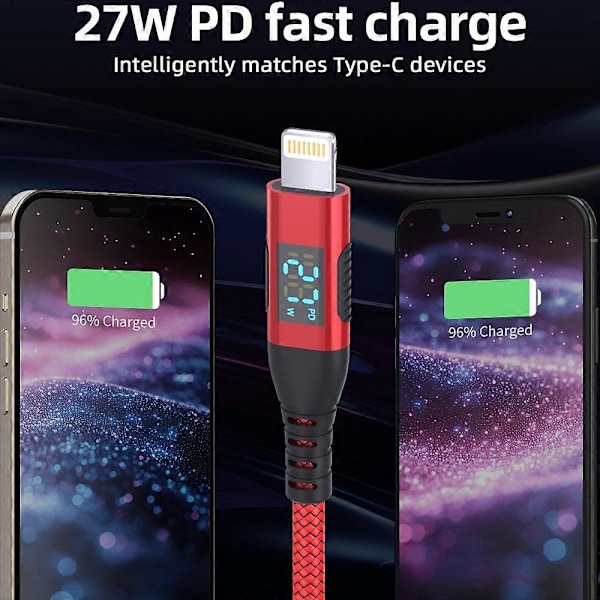 2m USB C - Lightning -kaapeli digitaalisella näytöllä PD 27W pikalataus nylonpunottu johto - Punainen Grey