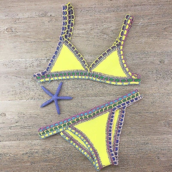 Häckla baddräkt bikini dam badkläder sexig bandage brasiliansk bikini 2023 baddräkter dam Yellow XS