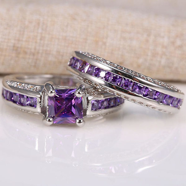 2 stk. Princess Smykker Kvadrat Falsk Ametyst Rhinestone Indlagt Vielsesring Bånd US 8
