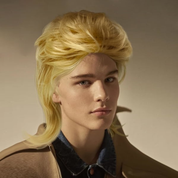 Ljusblond Hästsvans Herr 80-tals Rockperuk (Vuxenstorlek) - Lång Lockig Peruk för 70-talsdräkter, Karneval och Halloween