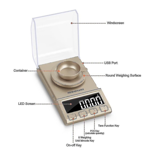 100g X 0,001g Newacalox Mini Precision digital smykkevekt USB-drevet Gray