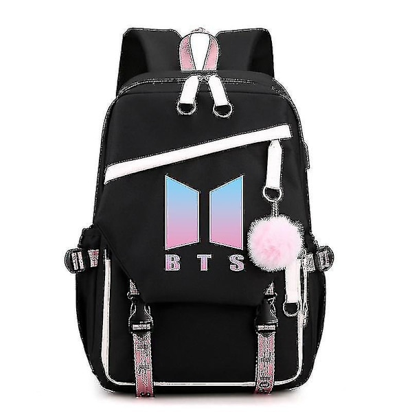 Bts   Ryggsäck för ungdomsgrupper Usb-laddningsryggsäck Stor kapacitet Student skolväska black white