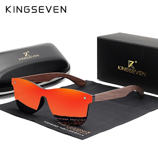 KINGSEVEN Handgjorda Solglasögon för Män Polariserad Valnöt Träögonbryn Kvinnor Spegel Vintage Oculos de sol masculino UV400 red walnut wood With Leather Case