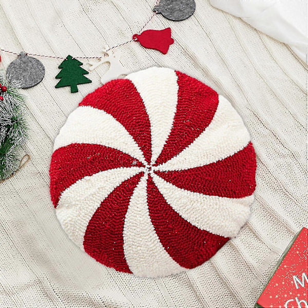 Sukkertøystangpute | Rund pyntepute | Sukkertøystangformet julegodteri | 3D-pynteputer Jule-sukkertøystangformet putepute | Rød spiral L