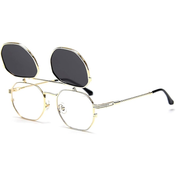 Flip Up Solbriller Mænd Kvinder Polariseret Steampunk Flip Solbriller Med Dobbelt Linser Gold Frame-Gray Lens