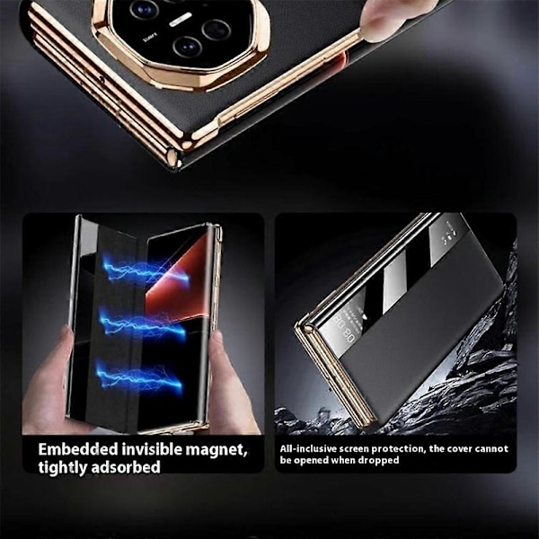 Til Huawei Mate X6 Etui Visningsvindue Auto Vågn Op Sov Læder Flip Telefon Cover Litchi Tekstur - Sort Red Gold