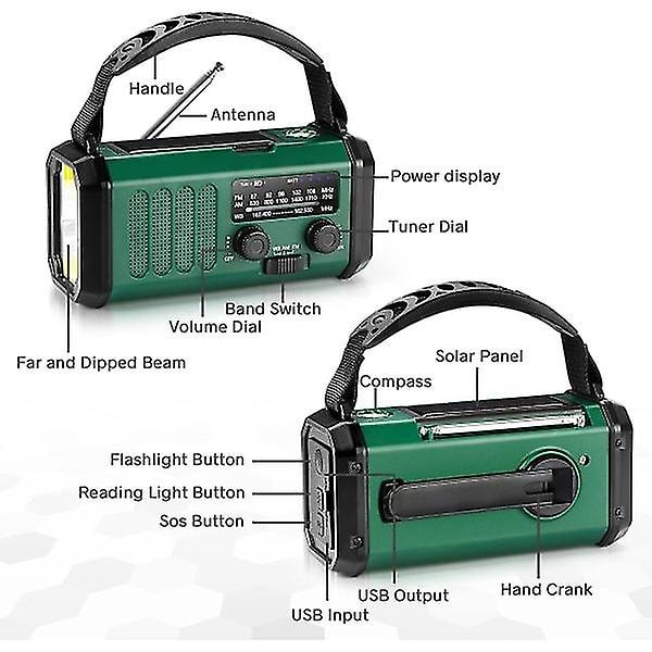 Nødradio med håndsving, solenergi og USB-opladning - 10000mAh batteri - NOAA/AM/FM vejrradio - LED-lommelygte og læselampe - SOS-alarm