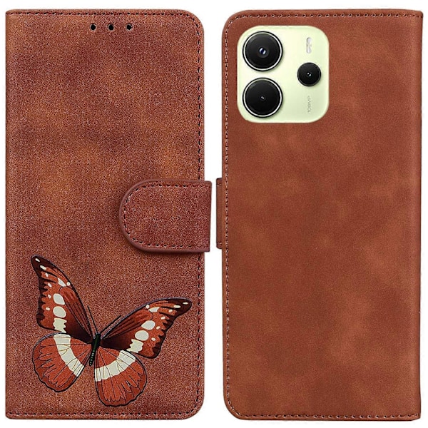 Til Xiaomi Redmi Note 14 4G (164.84mm) Stand Case PU Læder Telefon Cover Sommerfugl Printet - Brun Brown