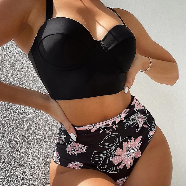 Kvinnors sommarsemester strandbikini set sexig behå topp hög midja trosor baddräkt badkläder C L