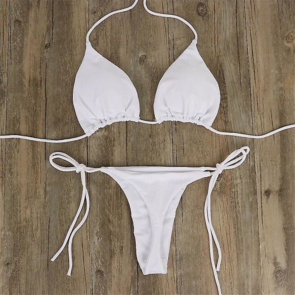 Kvinders Ultra Tynde Elastiske Thong Bikini Sæt Side Bånd Sexet Ensfarvet Badetøj Bandage Style Brasiliansk Badetøj White XL