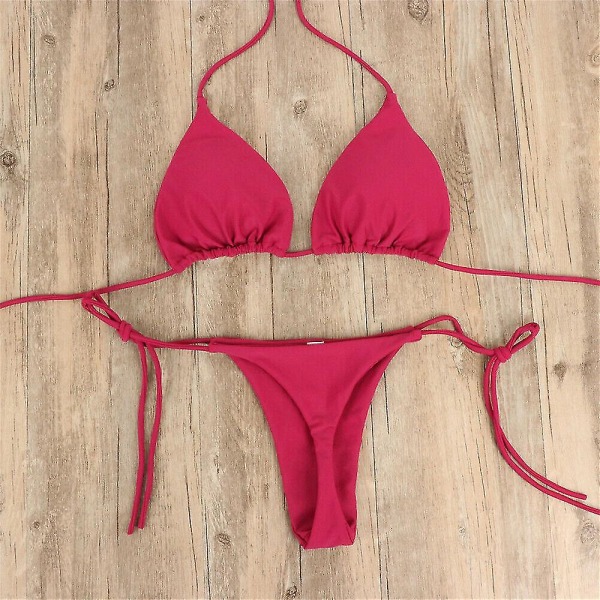 Kvinners Ultra Tynne Elastiske Thong Bikini Sett Side Tie Sexy Ensfarget Badedrakt Bandasje Stil Brasiliansk Badetøy Wine red S