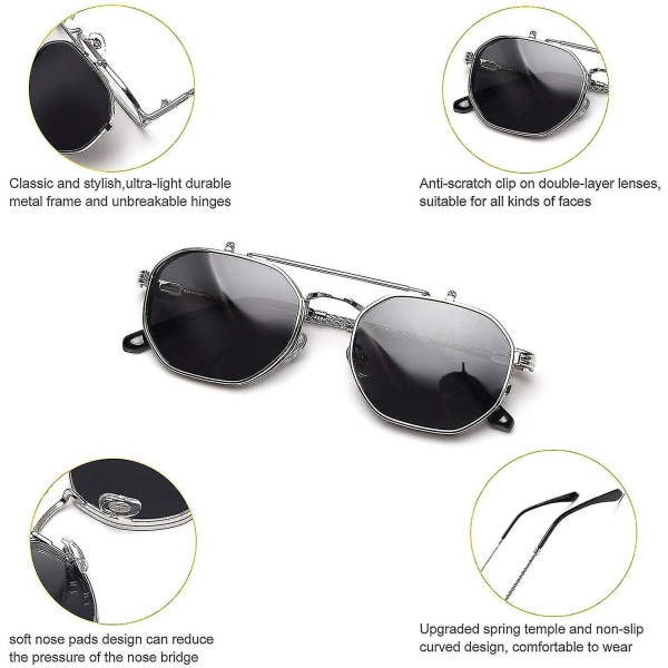 Käännettävät Aurinkolasit Miehille ja Naisille Polarisoitu Steampunk Käännettävät Aurinkolasit Kaksoislinseillä Silver Frame-Gray Lens
