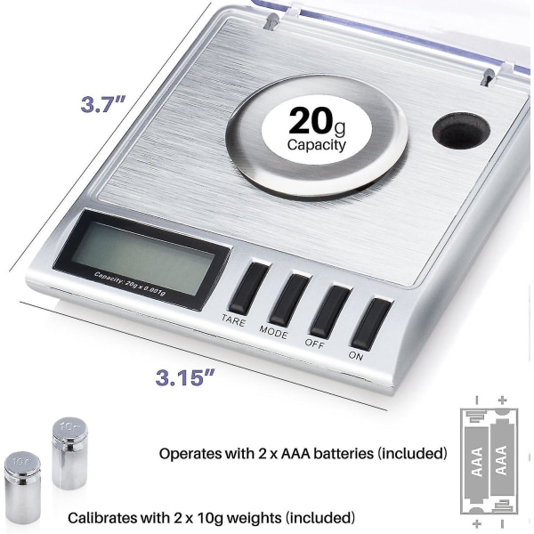 Smart Weigh Gem20-20g X 0,001 gram, højpræcision digital milligram smykkevægt, genindlæsning, smykke- og ædelstensvægt, kalibreringsvægte og pincet