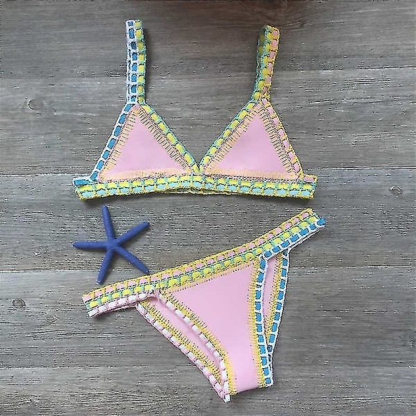 Häcklad baddräkt bikini dam badkläder sexig bandage brasiliansk bikini 2023 baddräkter dam Pink M