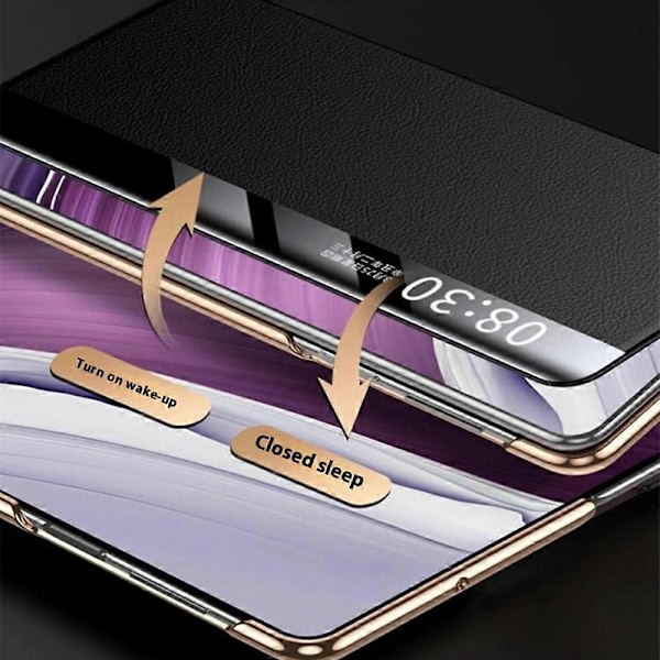 Til Huawei Mate X6 Etui Visningsvindue Auto Vågn Op Sov Læder Flip Telefon Cover Litchi Tekstur - Sort Black