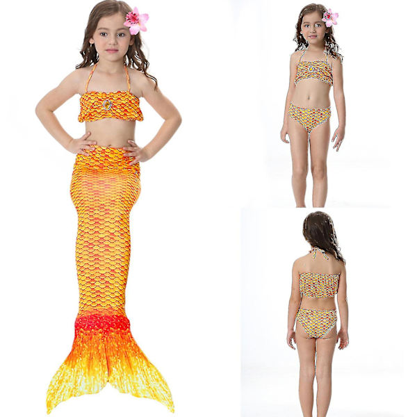 Barn Jente Havfrue 3 Deler Sett Cosplay Kostyme Fiskhale Badedrakt Oransje Tw 10-11 Years