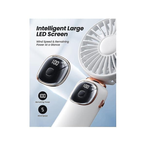 Bærbar Håndholdt Ventilator, 4000mah Halsventilator Med Led Display, Sammenklappelig Bordventilator Med Base, 5 Hastigheds Ventilator Til Kvinder Hvid