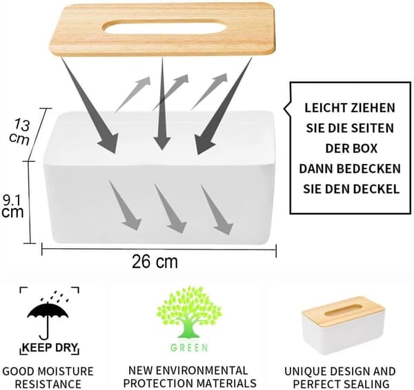 Kosmetisk vevboks i tre (26x13x9 cm), vevdispenser, standard rektangulær