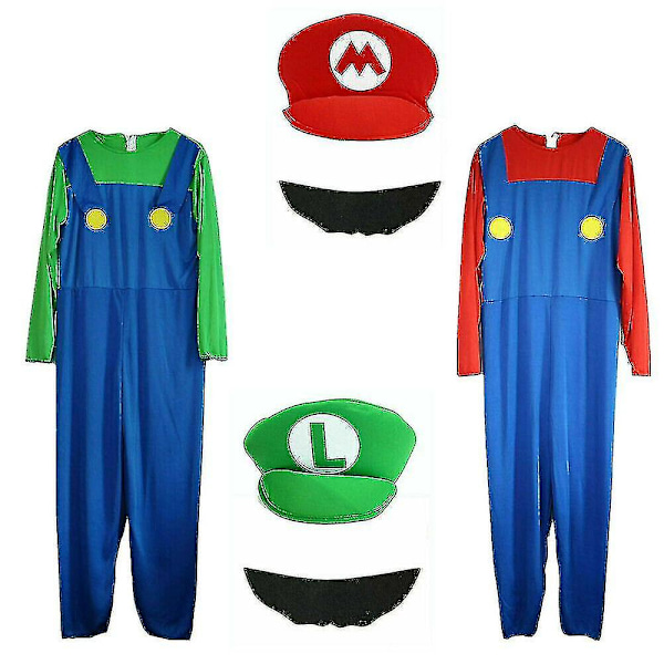 Voksen Super Mario og Luigi Fancy Dress Rørleggerbrødre Halloween Kostyme for Menn Red Mario S