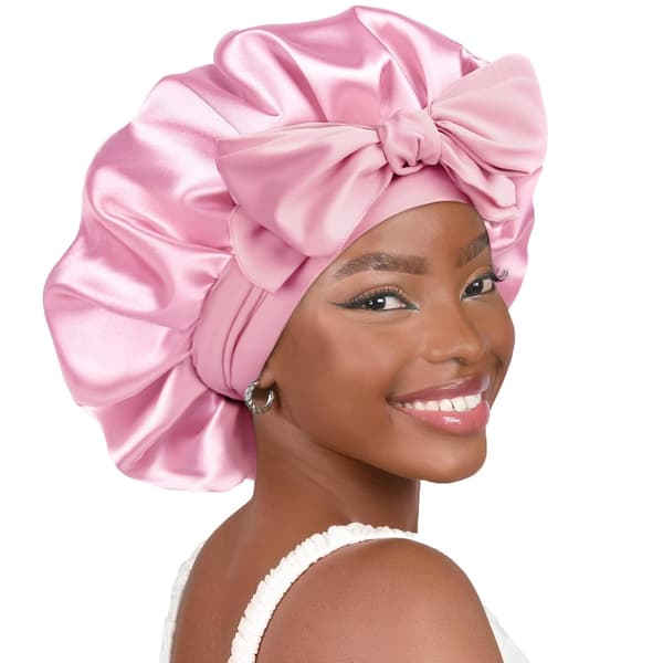 Silkehette, satenghette for kvinner, dobbel satengforet hette, med pannebånd, krøllete hår, rosa