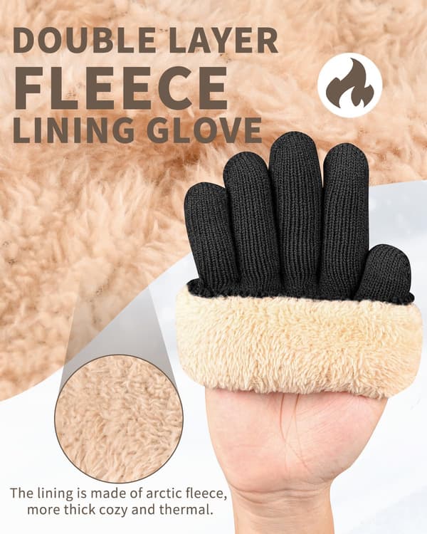 Vinterhandskar för kvinnor med fleecefoder, pekskärmsvänliga varma stretchiga tjocka stickade handskar ullhandskar termohandskar vinterpresenter för utomhusbruk black-beige