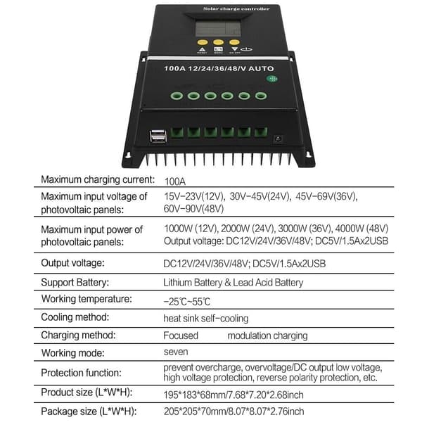 60A 80A 100A Solcelleoplader Controller Panel Regulator 12V/24V/36V/48V Automatisk