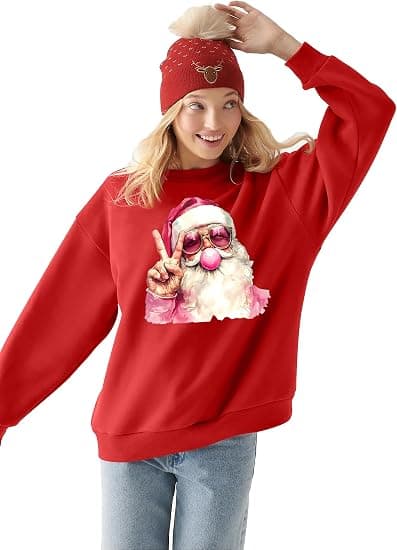 Retro Julemand Mønster Langærmet Skjorte, Jule Pullover, Jule Sweatshirt til Kvinder, Størrelse L