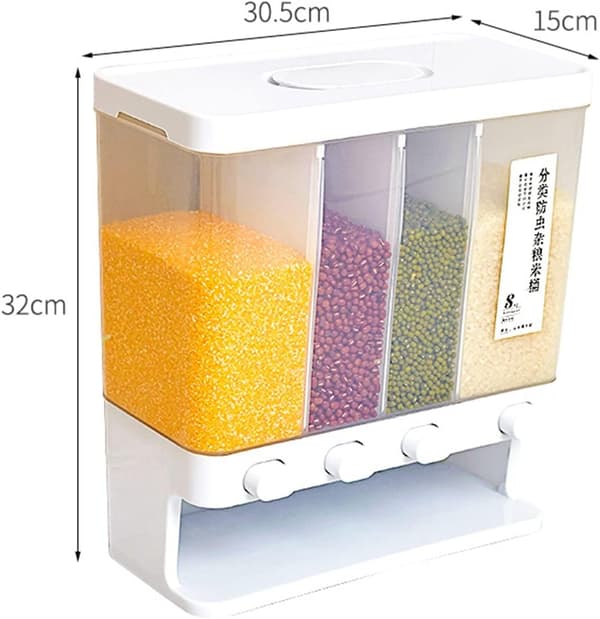 Tørfoderdispenser (4 rum), transparent risboks, køkkenopbevaring/-organisering