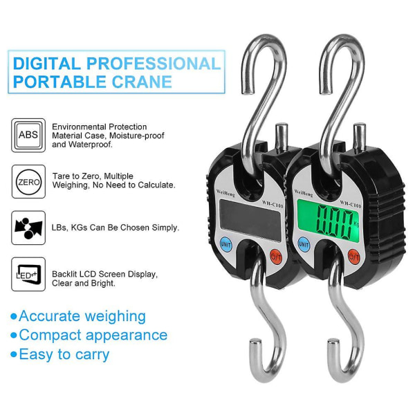 Bagagevåg resväska med 2 krokar Digital kran i rostfritt stål Bärbar LCD elektronisk hängande våg som väger svart