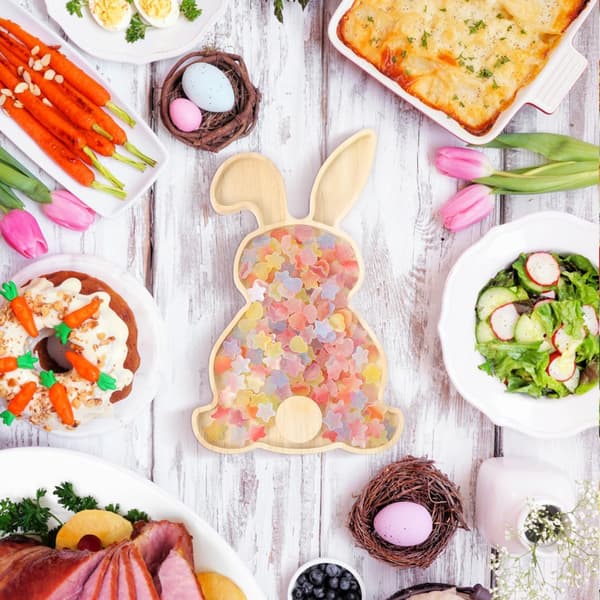 Påskhare i trä, kaninformad, serveringsbricka/dessert/korv/aptitretare, för påskfest/buffé