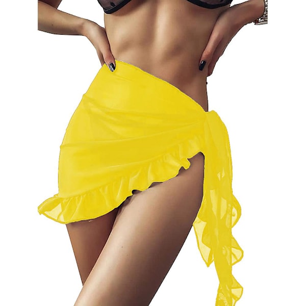 Naisten pitkä ja lyhyt sarong uimapukukangas kesäranta bikinit kääre läpikuultava lyhyt hame huivi uima-asukangas Yellow-Ruffle One Size