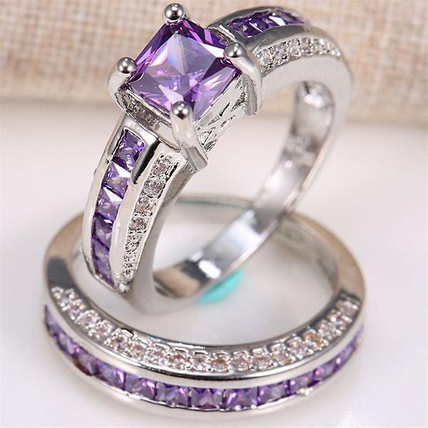 2 stk. Princess Smykker Kvadrat Falsk Ametyst Rhinestone Indlagt Vielsesring Bånd US 8
