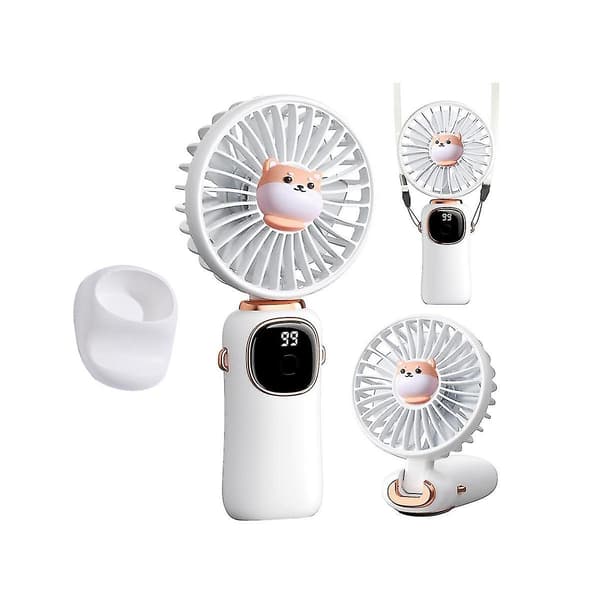 Bærbar Håndholdt Ventilator, 4000mah Halsventilator Med Led Display, Sammenklappelig Bordventilator Med Base, 5 Hastigheds Ventilator Til Kvinder Hvid
