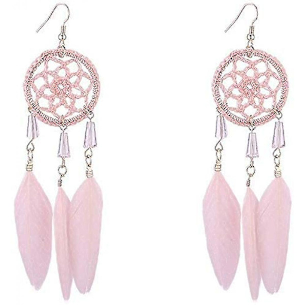 Kvinde Øreringe Knap Øreringe Stilfuld Enkelhed Fjer Øreringe Lang Hånd Flettet Kvast Øreringe Retro Boho Dream Catcher Design (farve: Pin