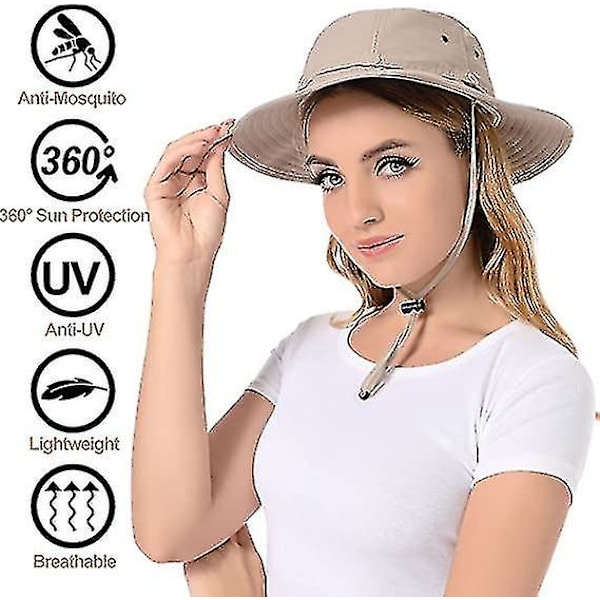 Myggenethat - Bug Cap Upf 50+ Solbeskyttelse Med Skjult Net Til Biavl Vandreture Mænd Kvinder_fs Khaki
