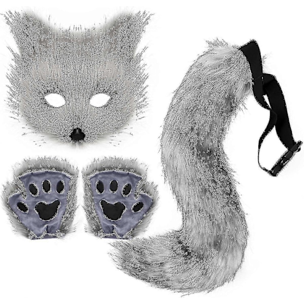 Falsk Pels Ræv Hale Kat Ulv Cosplay Kostume Sæt Blød Maske Fluffy Poter Handsker Halloween Jul Dark Gray