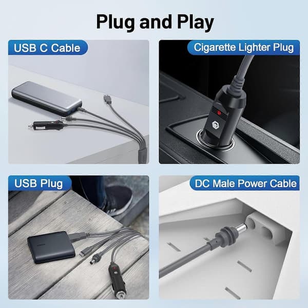 Vanntett Mini Strømkabel 3 i 1 3m USB C Billader DCDC Ladekabel
