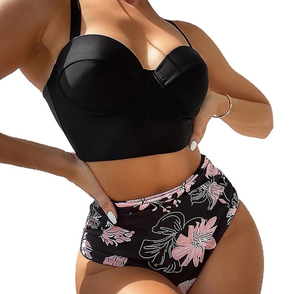 Kvinnors sommarsemester strandbikini set sexig behå topp hög midja trosor baddräkt baddräkt C XL