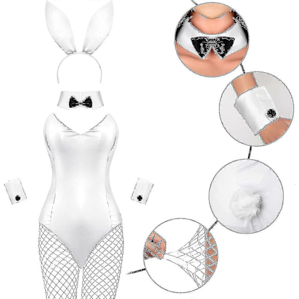 Kaninkostym för kvinnor, Lingerie och svans, Bodysuit, Rollspel, Kaninoutfit-set för Halloween, Juldräkt Z White M